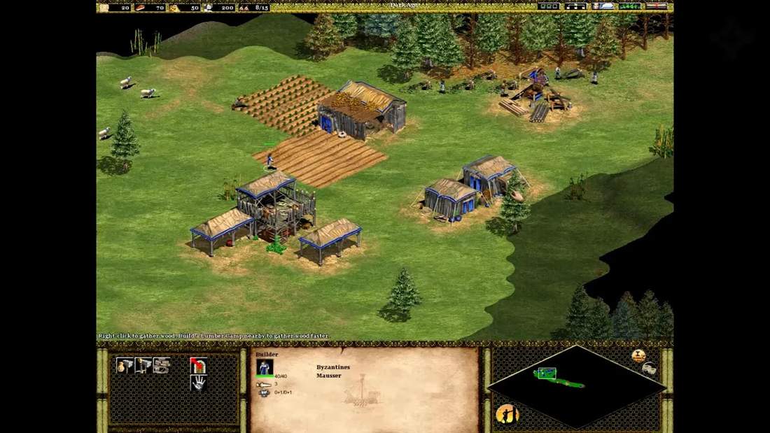 Age of Empires II gameplay screenshot showing villagers, farms, and buildings on a clear isometric map