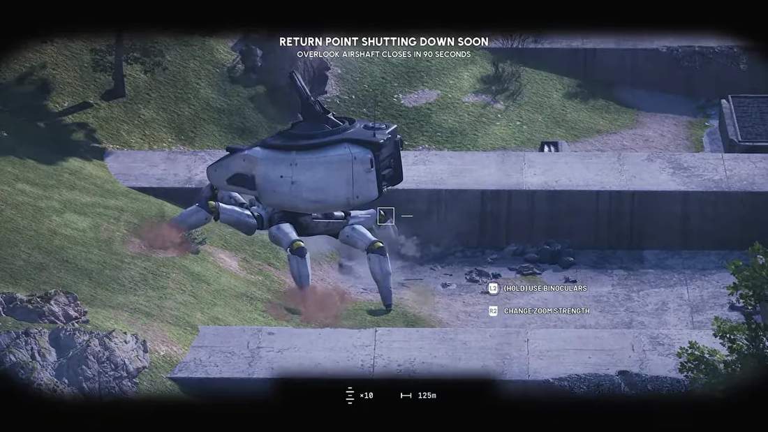 Overhead view of an ARC Raiders enemy encounter with binocular HUD and return point text