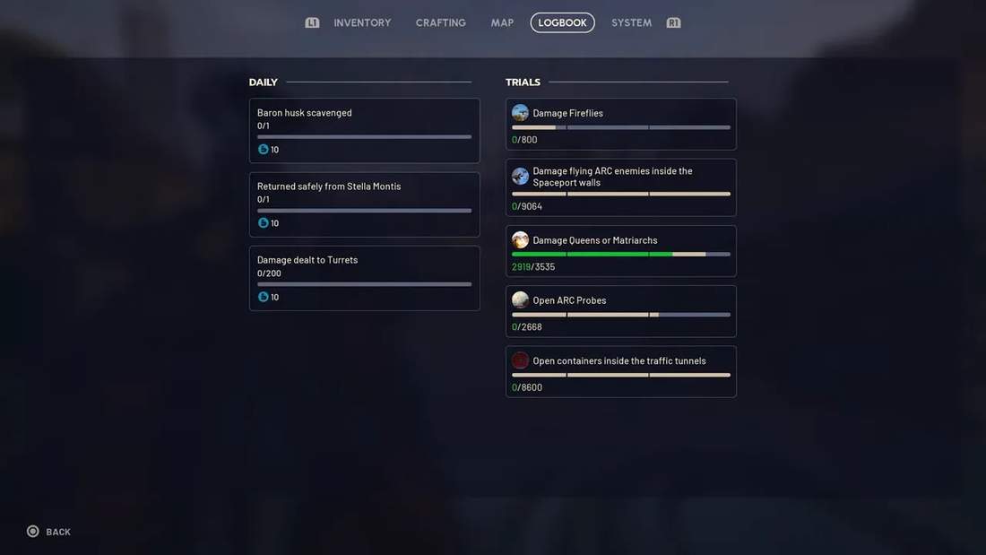 Logbook trials screen showing Matriarch damage credits around 2,919 of 3,535