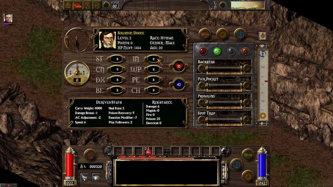 Arcanum character stats and abilities interface in isometric RPG view