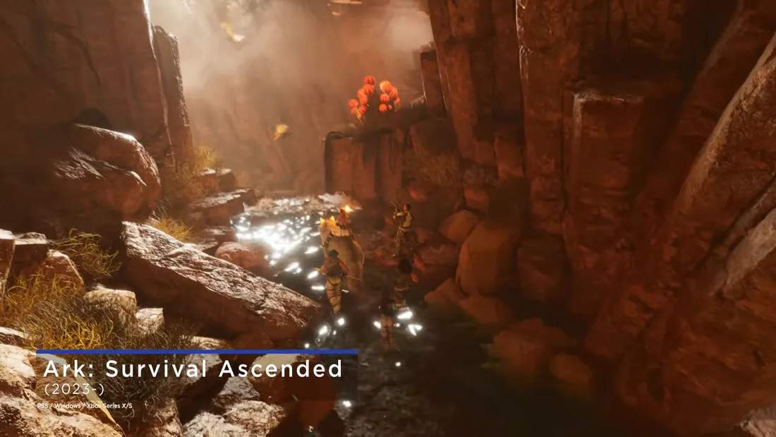 Ark gameplay screenshot in a rocky canyon with glowing effects and characters shooting during combat