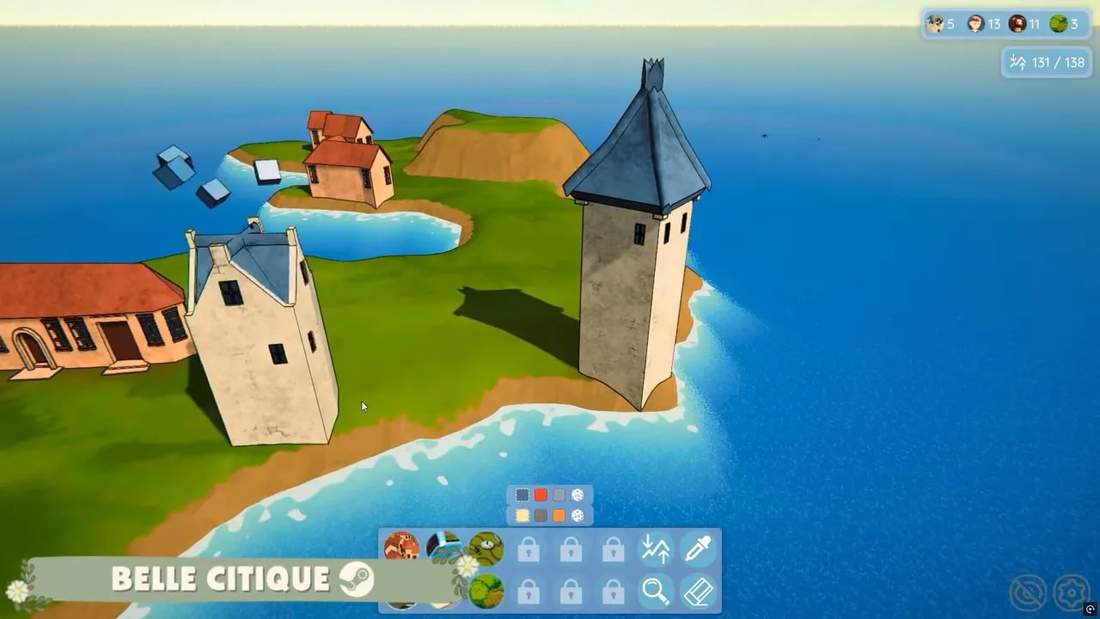 Bellsatique overhead view of houses and canals along a coastline with UI and map controls visible