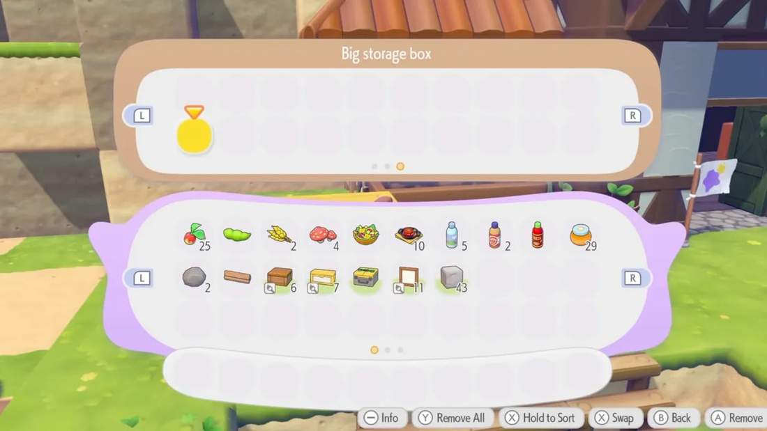Big storage box inventory menu showing multiple item slots in Pok&eacute;mon Pokopia