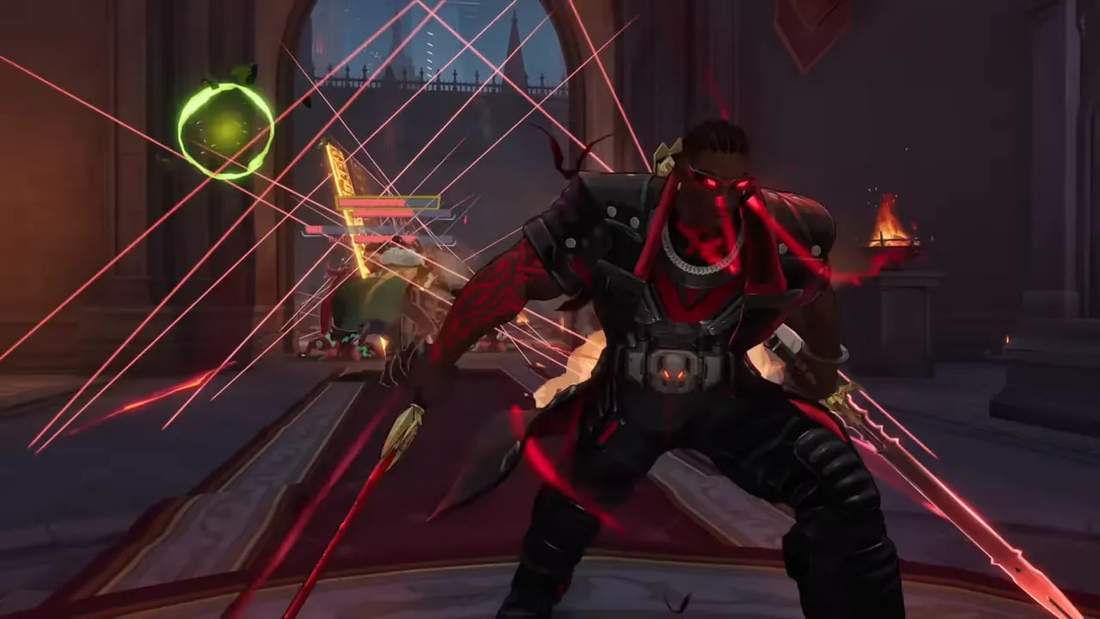 Blade-style character performing combat with bright red and green visual effects in a cinematic gameplay scene