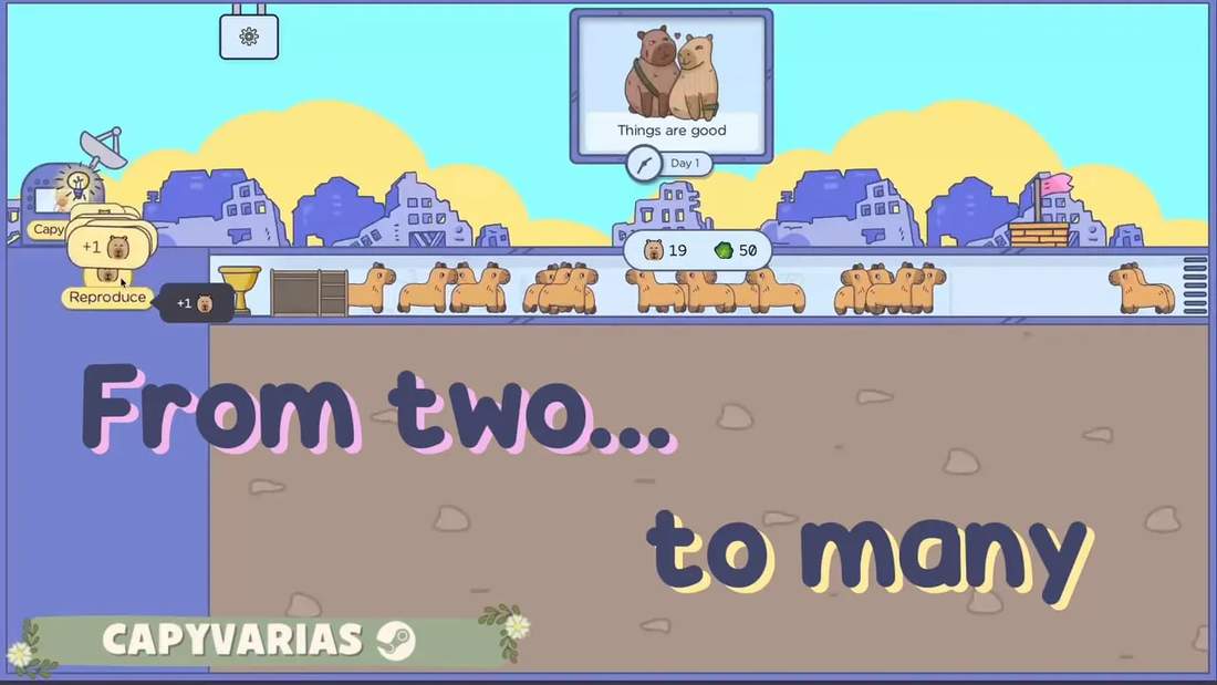 Capi Varius gameplay screenshot with a larger capybara group and on-screen counters labeled CAPIVARIAS