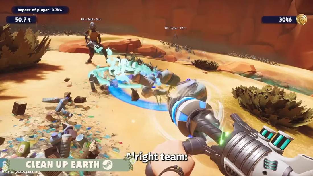 First-person vacuum cleaning debris in Cleanup Earth with glowing particles near rocks and plants