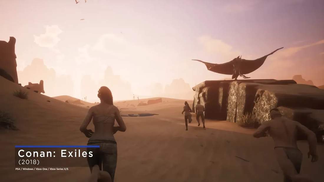Conan Exiles gameplay with a character sprinting across a desert and other players approaching