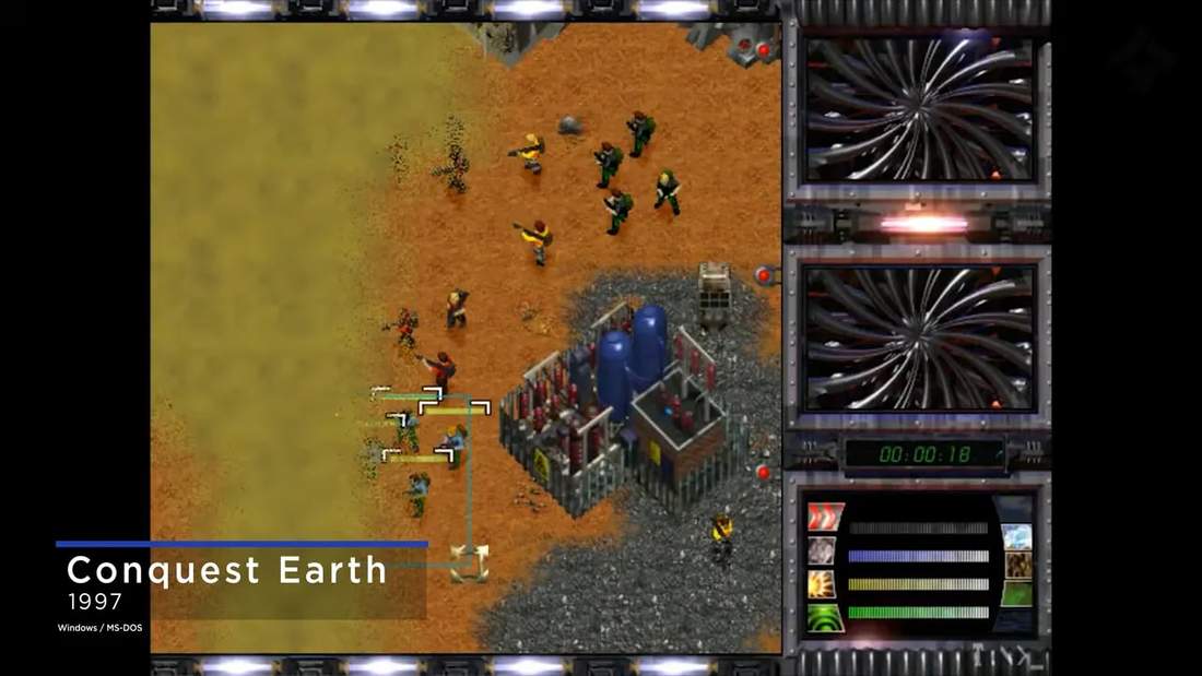 Conquest Earth 1997 RTS gameplay screenshot with multi-panel picture-in-picture display
