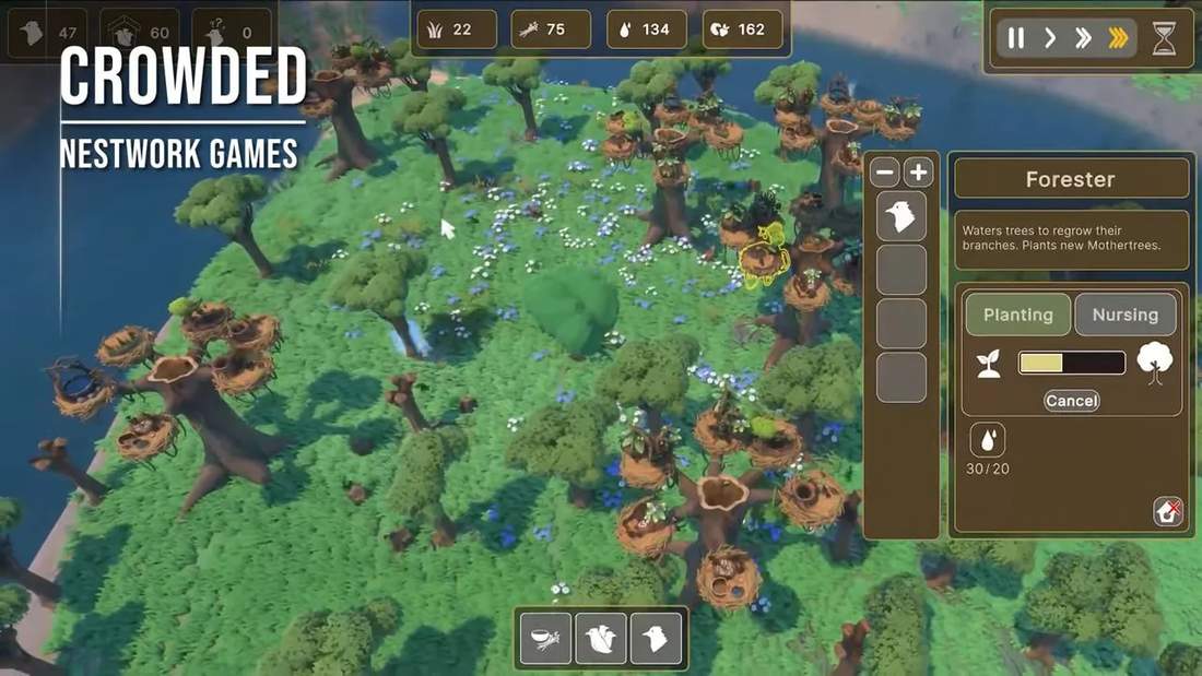 Crowded gameplay screenshot with forester/tree regrowth interface and multiple crow nest clusters