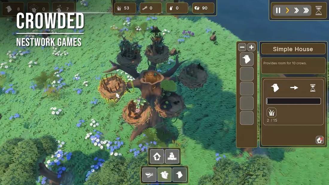 Crowded city builder UI showing a nest building placement with crow characters on a green map