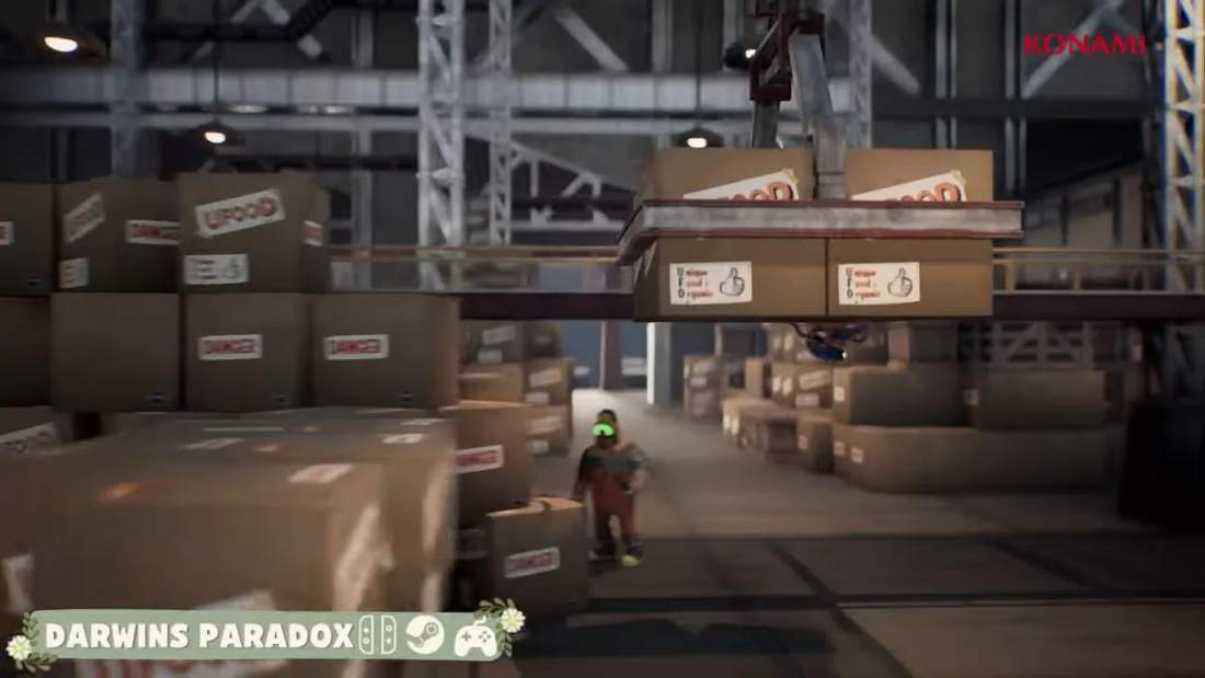 Gameplay screenshot from Darwin’s Paradox set inside an industrial warehouse with boxes and a character HUD overlay