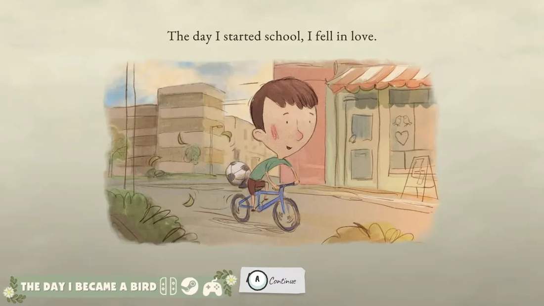 Illustrated boy on a bicycle in an outdoor town scene with subtitle text from The Day I Became a Bird