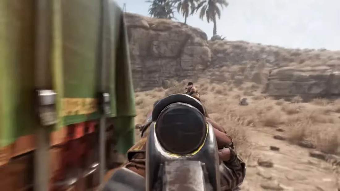 DayZ first-person view aiming through a weapon optic in a dusty desert environment