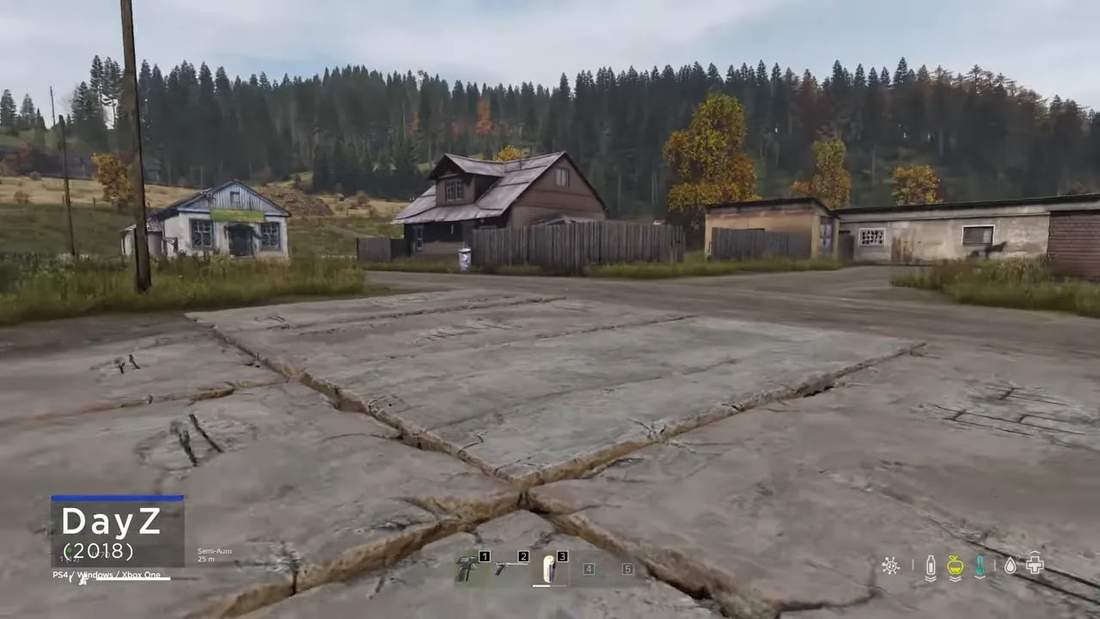 DayZ gameplay view from first person looking across an empty concrete yard toward houses and fences