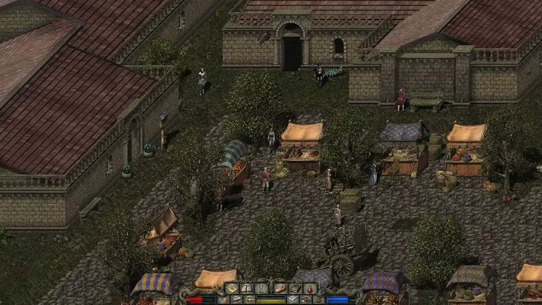 Divine Divinity marketplace street scene with stalls, barrels, and characters