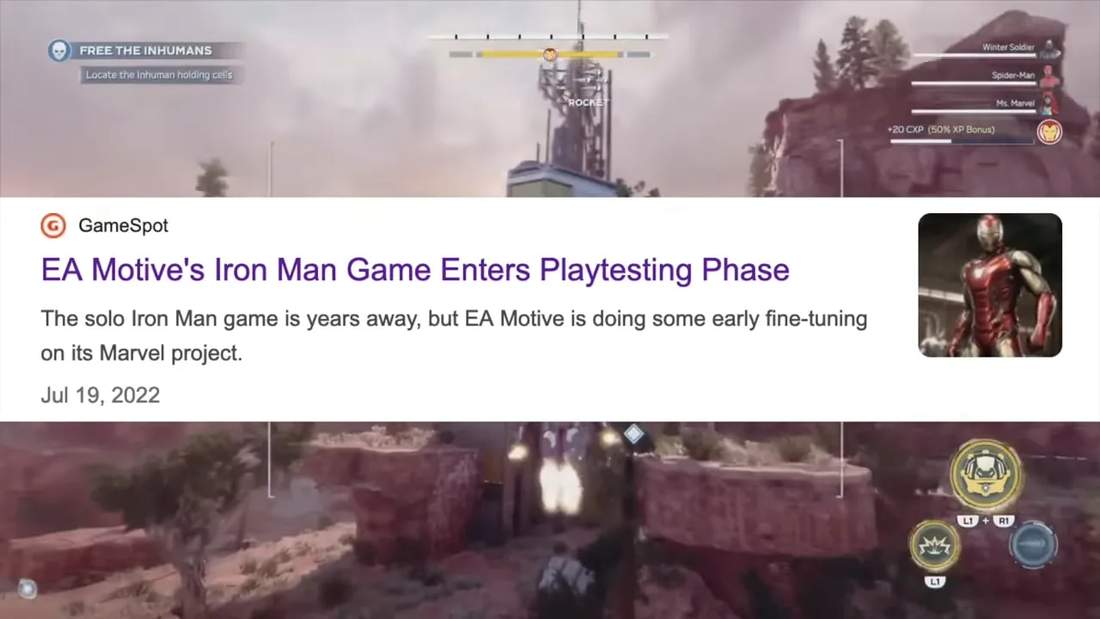GameSpot article overlay over an Iron Man gameplay scene showing 'EA Motive's Iron Man Game Enters Playtesting Phase'