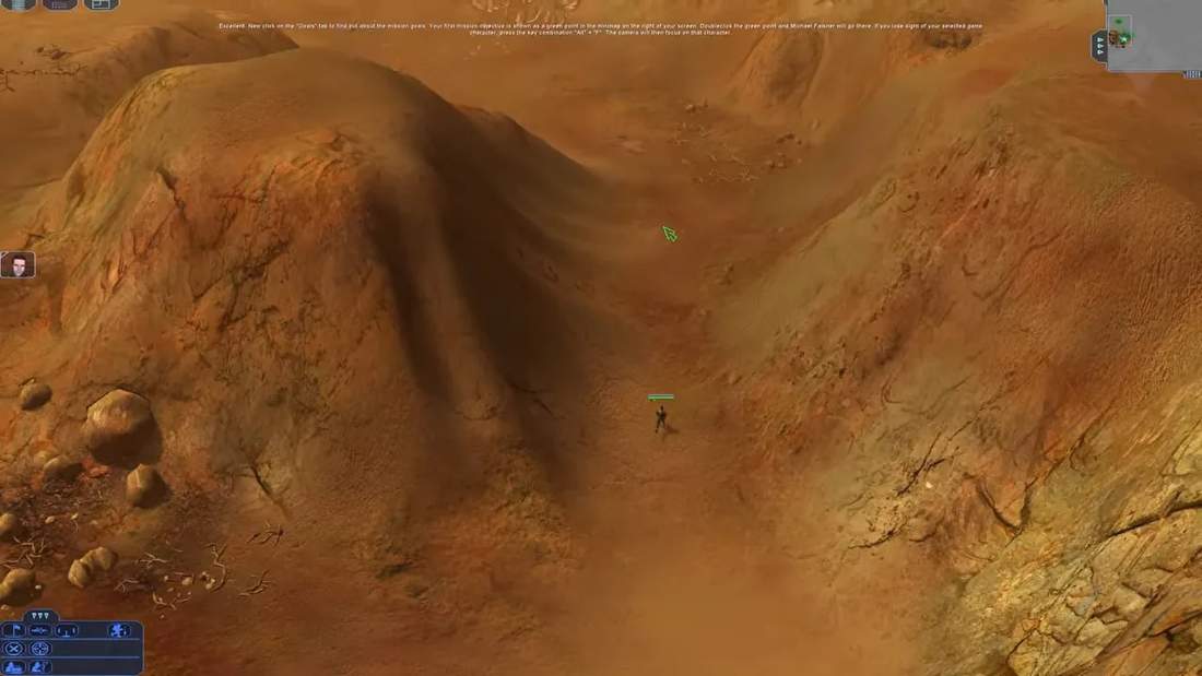 Earth 2150 RTS battle view showing units advancing on rocky desert terrain