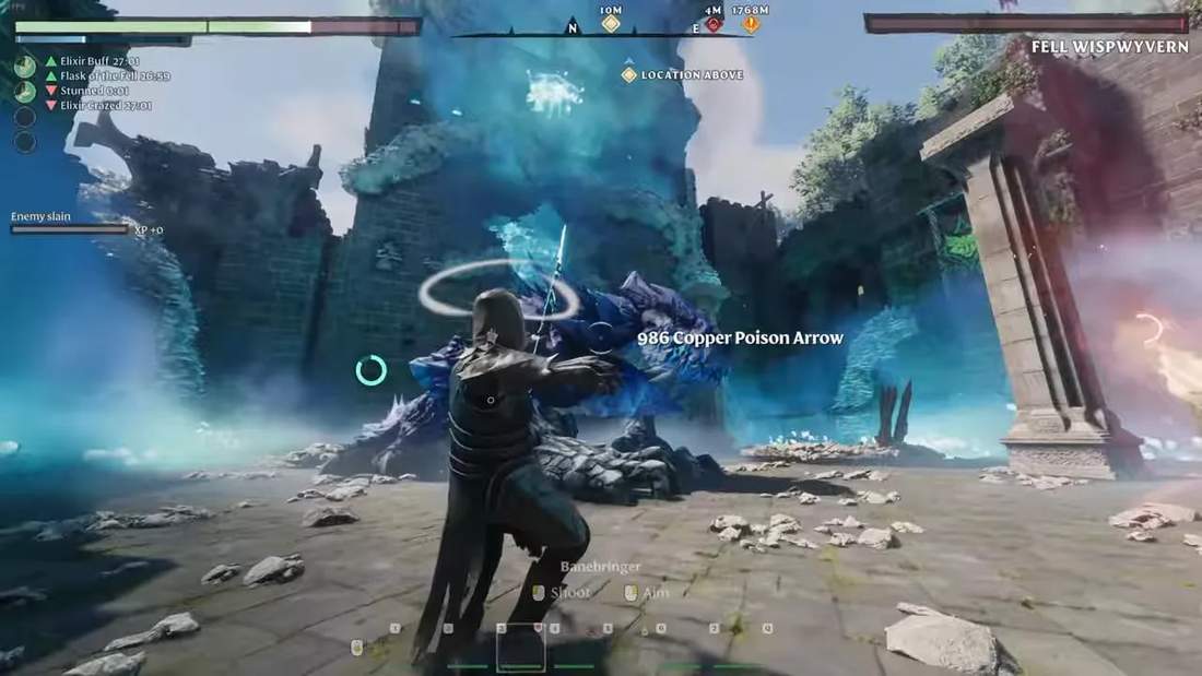 Enshrouded combat screenshot showing a character firing a copper poison arrow while fighting a boss in a foggy outdoor ruin