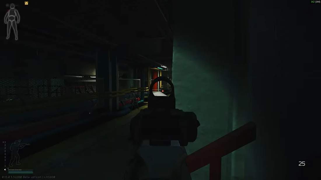 First-person view of a firearm aiming down a dark corridor in Escape from Tarkov
