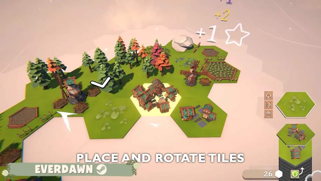 Everdorn tile placement and rotation gameplay screenshot with trees, farms, and houses
