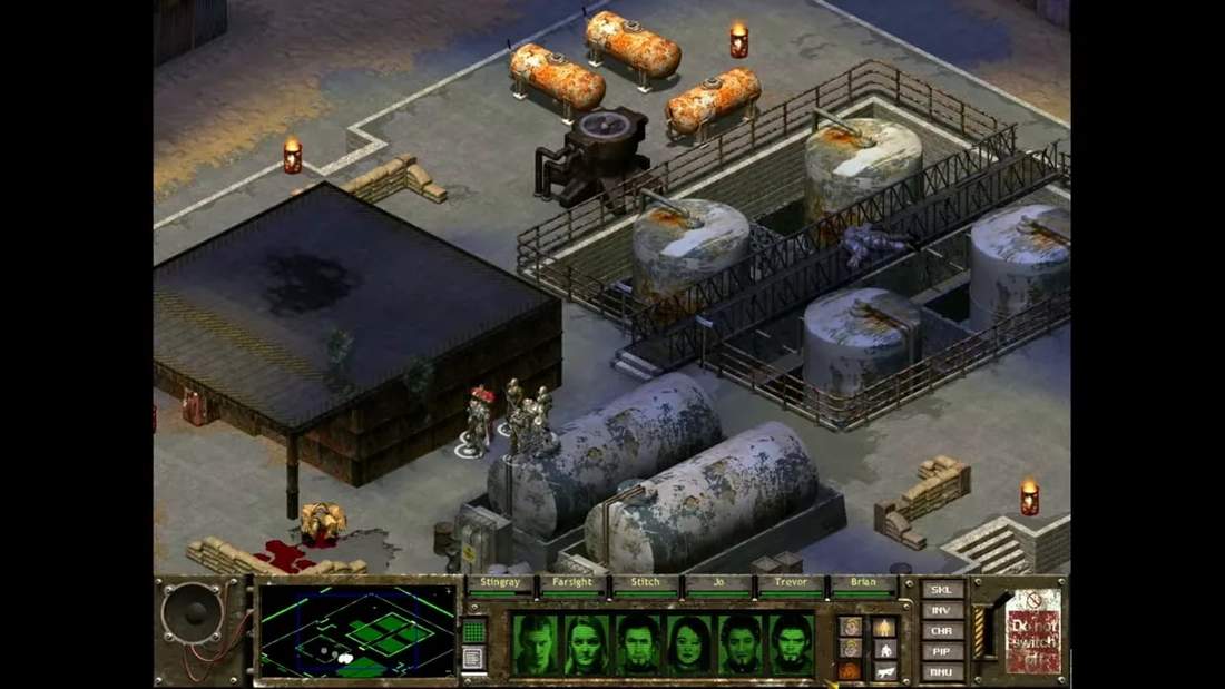 Fallout Tactics: Brotherhood of Steel squad formation on an isometric map with party UI