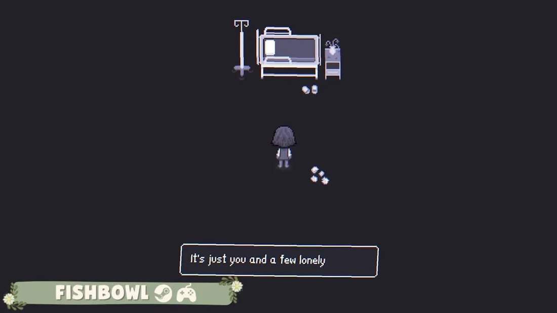 Fishbowl dialogue scene showing the player character alone with a few small companions