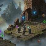 Isometric cinematic RPG scene with a party on a tiled stone platform, glowing loot orbs, and ruined fantasy ruins in a late-90s style game world—no text.