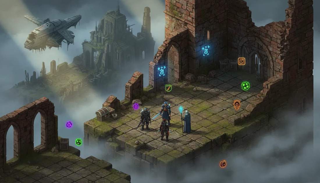 Isometric cinematic RPG scene with a party on a tiled stone platform, glowing loot orbs, and ruined fantasy ruins in a late-90s style game world—no text.