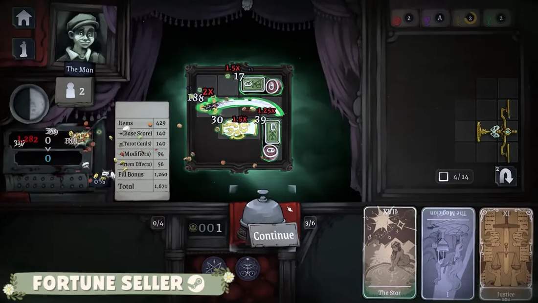 Fortune Seller gameplay screen showing item/tarot bonus stats alongside the main puzzle board