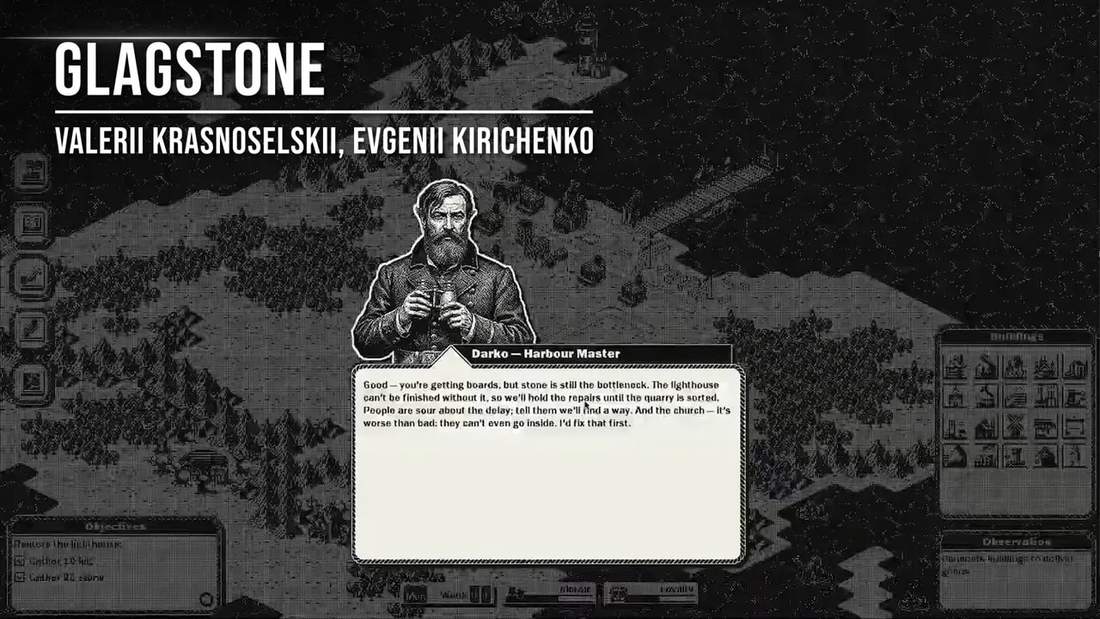 GlagStone one-bit city builder conversation screen with characters and dialogue panel