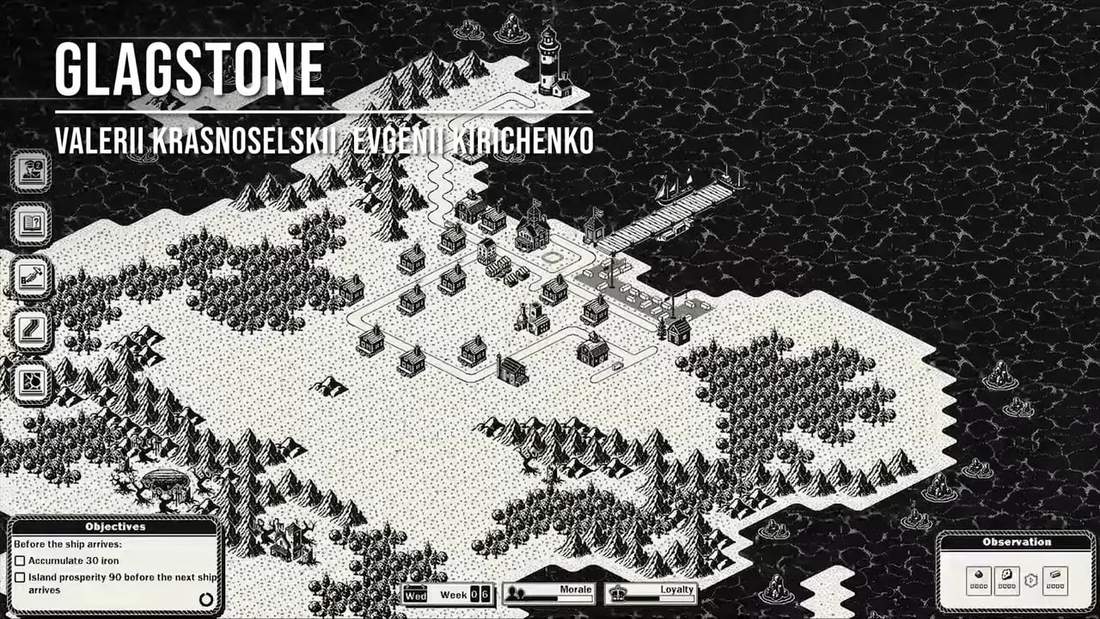 GlagStone one-bit city builder screenshot with snowy settlement, harbor area, and objectives UI