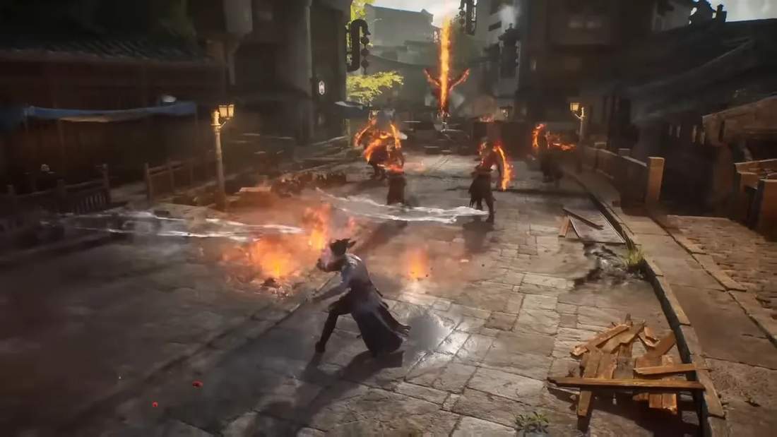 Godslayer gameplay screenshot wide view of elemental battle with fire effects across a city street