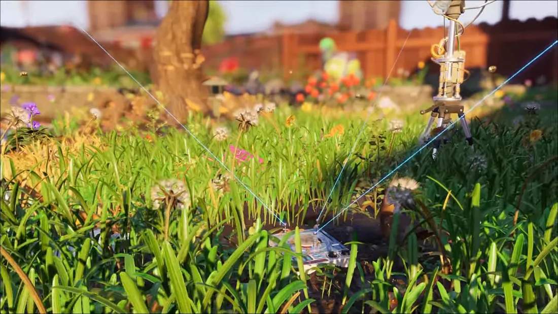 Grounded gameplay view of a character moving through dense grass with building devices and a laser sight line