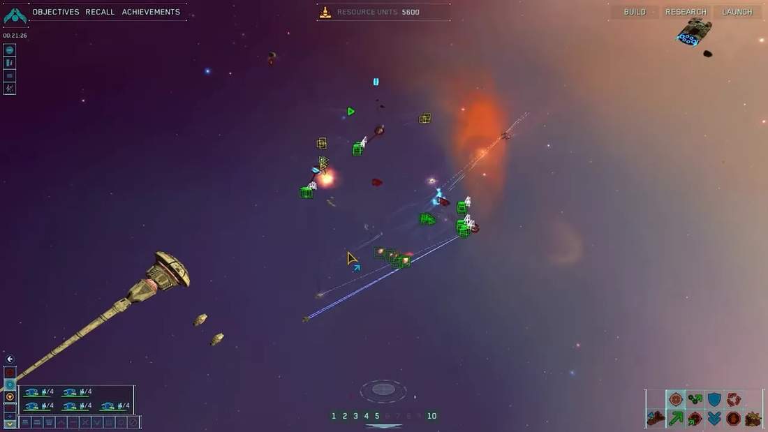 Homeworld Remastered fleet battle with ships navigating through deep space near asteroids