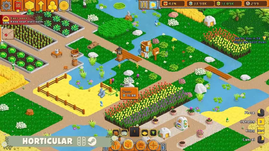 Horticula gameplay screenshot showing a garden layout with fences, beds, and a river