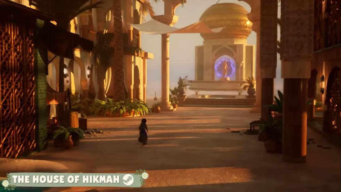 The House of Hikma courtyard hallway with glowing doorway and warm sunset lighting