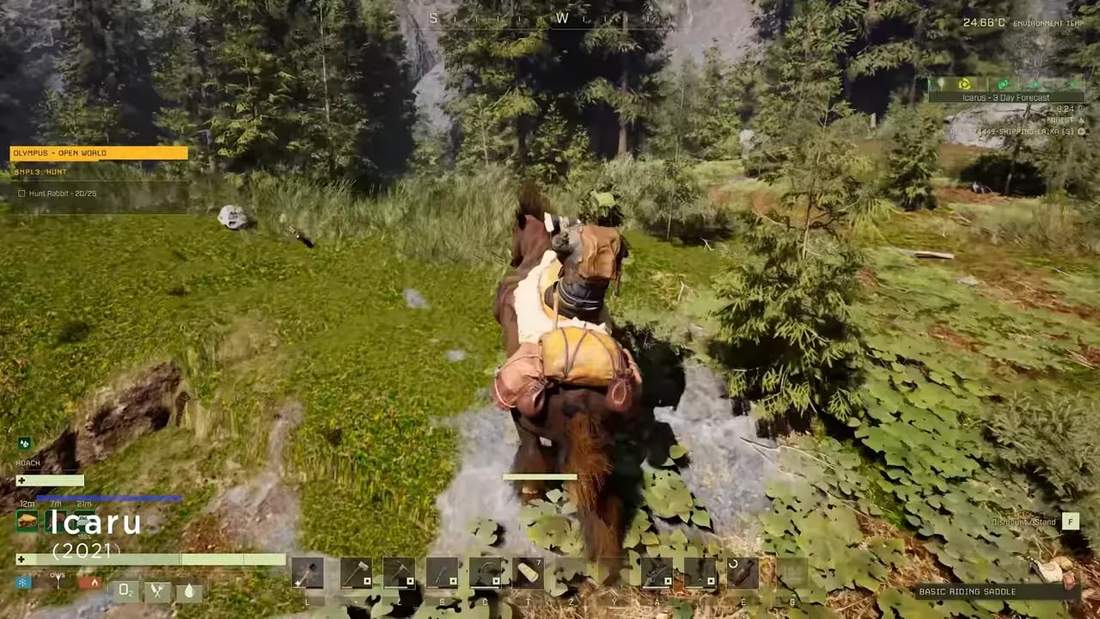 Icarus gameplay with a character mounted on a creature while hunting in a grassy forest clearing