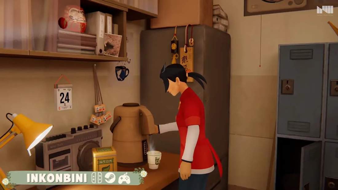 Player character in a small convenience store looking at shelves and a work counter in Inon Beini
