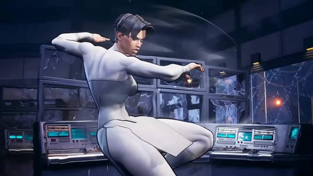 Invincible VS character delivering a powerful midair combat move inside a high-tech arena