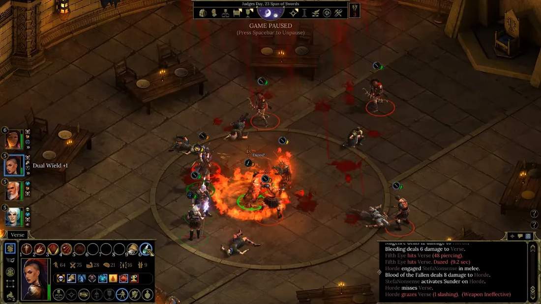 Isometric RPG combat screenshot paused, showing party positions and ability effects on the battlefield