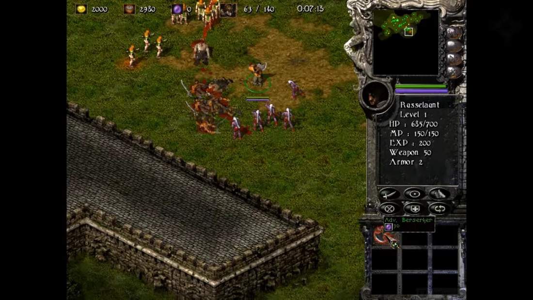 Kingdom Under Fire gameplay with battle in progress and hero stat panel on the right