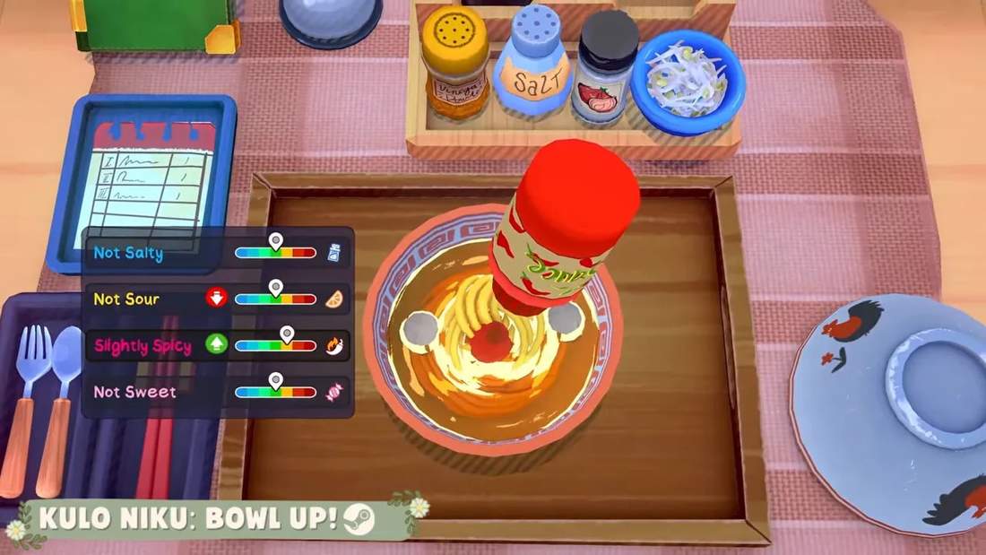 Top-down view of a bowl of noodles with spice and seasoning controls in Kulo Niko: Bowl Up