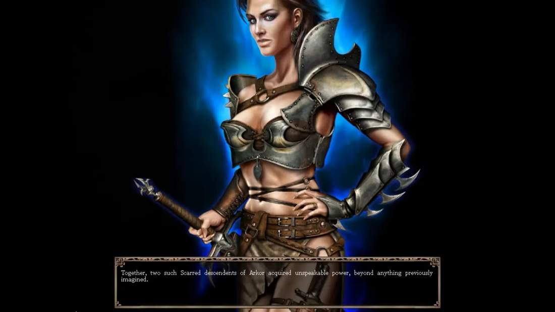Kult: Heretic Kingdoms in-game dialogue with an armored heroine and subtitle text
