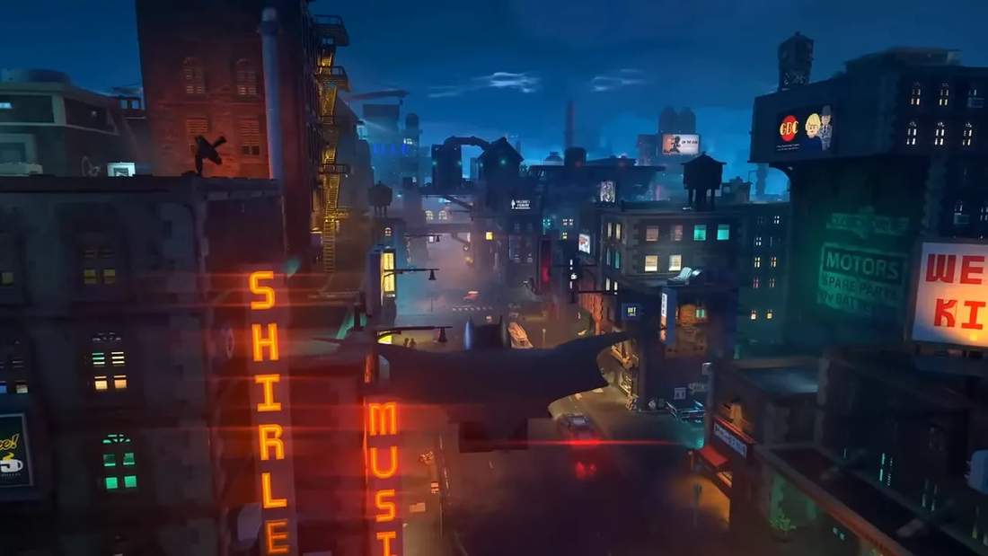 Lego Batman: Legacy of the Dark Knight open-world cityscape with buildings and neon signage