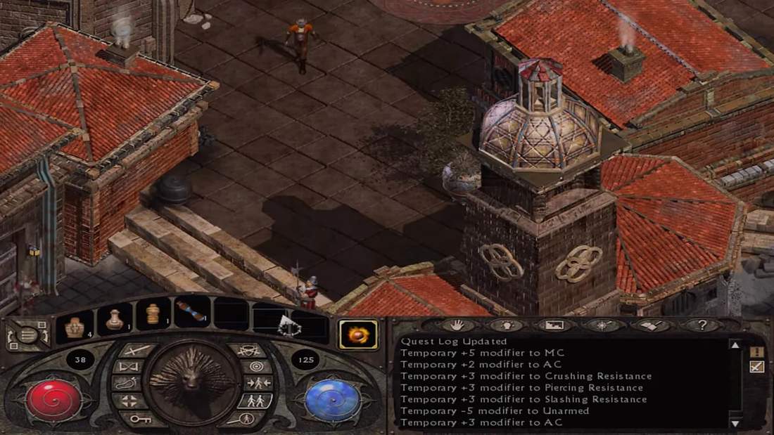 Lionheart Legacy of the Crusader isometric street scene with quest log update