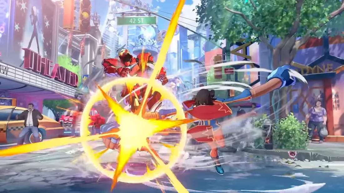 Marvel Tōkon: Fighting Souls gameplay with a character launching a glowing hit in a city street battle