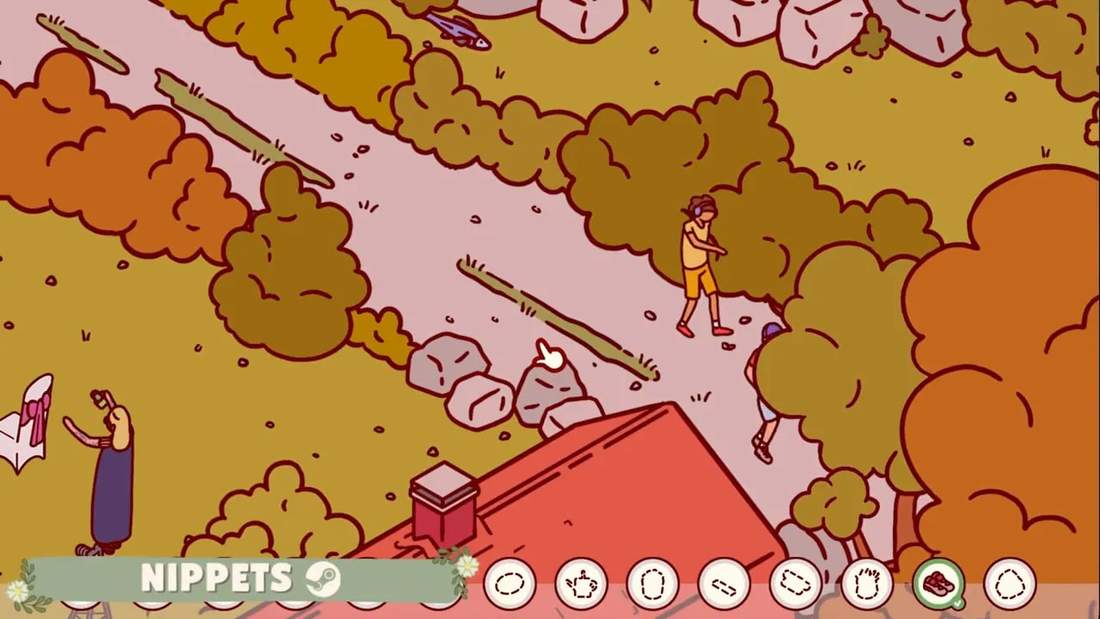 Nippets gameplay screenshot with Nippets UI and a character inspecting bushes near a red roof