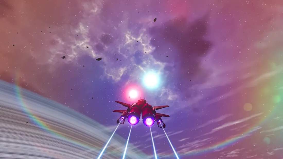 No Man&rsquo;s Sky spaceship scene with twin purple thrusters and a bright star-like explosion in the sky