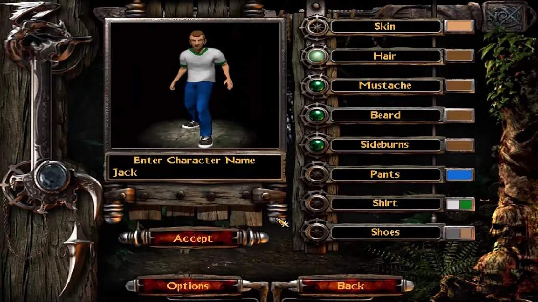 Nox character creation screen with enter character name and appearance options like hair, mustache, beard, and shirt