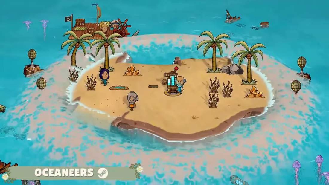 Oceaners gameplay screenshot showing a floating desert island with characters, palm trees, and devices